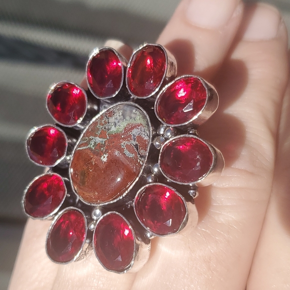 New Oversized Seam Agate and Garnet 925 Silver Statement Ring. - Picture 9 of 16